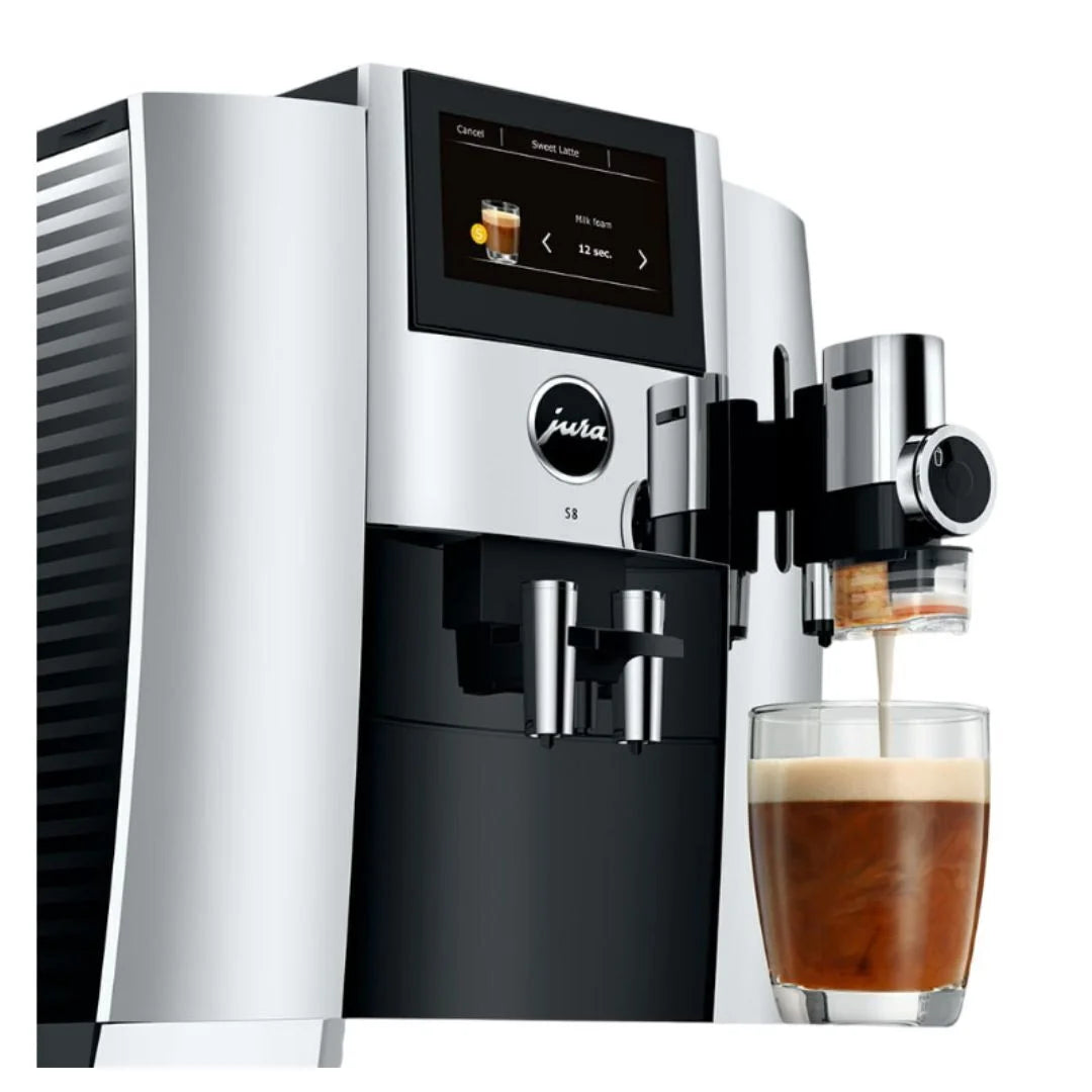 Jura S8 Automatic Coffee Machine with Sweet Foam Function, 4.3-Inch Touchscreen, Automatic Milk Cleaning, and 2nd Generation Professional Aroma Grinder (Chrome)