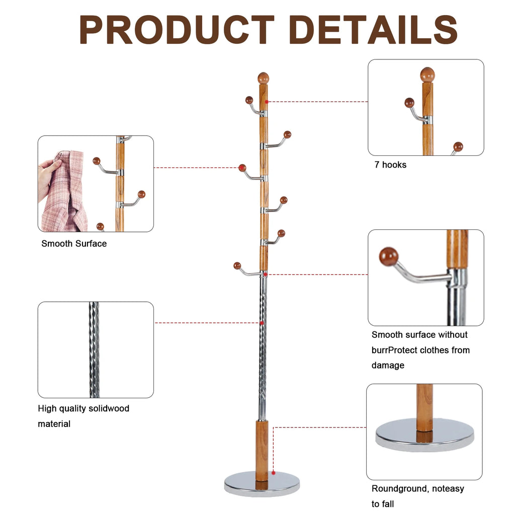 Coat Rack Freestanding, Hall Tree with 11 Hooks, Heavy Duty Wooden Coat Tree Stand, Adjustable Height, Sturdy Base for Bedroom Hallway Office - Load 270lbs