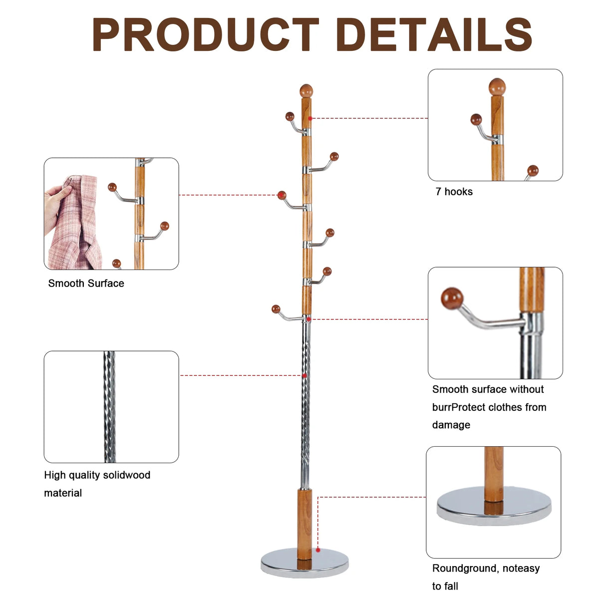 Coat Rack Freestanding, Hall Tree with 11 Hooks, Heavy Duty Wooden Coat Tree Stand, Adjustable Height, Sturdy Base for Bedroom Hallway Office - Load 270lbs