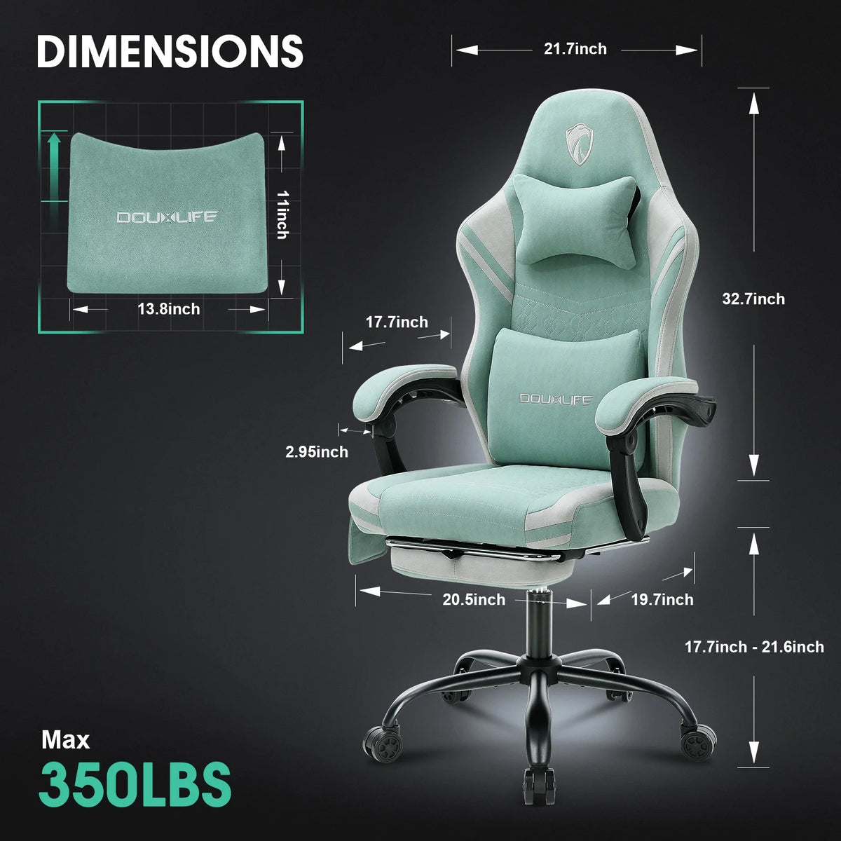 Douxlife Massage Gaming Chair, Spring Cushion, Breathable Fabric Gaming Chair with Footrest, Ergonomic Computer Chair for Adults & Kids