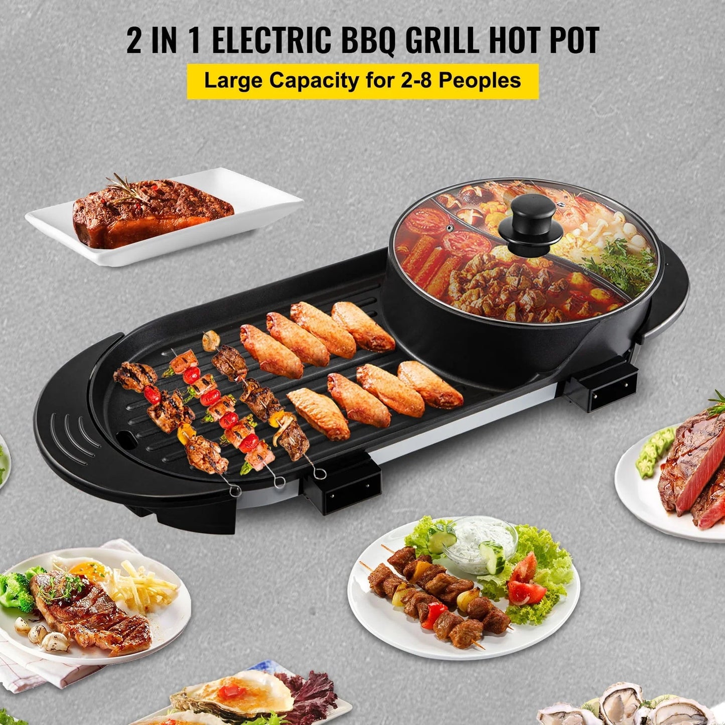 VEVOR 2 in 1 Electric Hot Pot and Grill, 2200W Separate Dual Temperature Control Electric Skillet, 5 Speed for Indoor Korean BBQ,Black