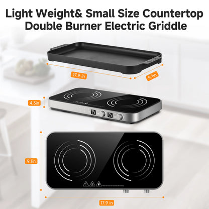 Sunmaki Portable Double Induction Cooktop with Removable Griddle Pan Non-stick, 1800W 2 burner Induction Hot Plate With Sensor Touch 9 Power Levels, 99 Min Timer,Great for Family Party