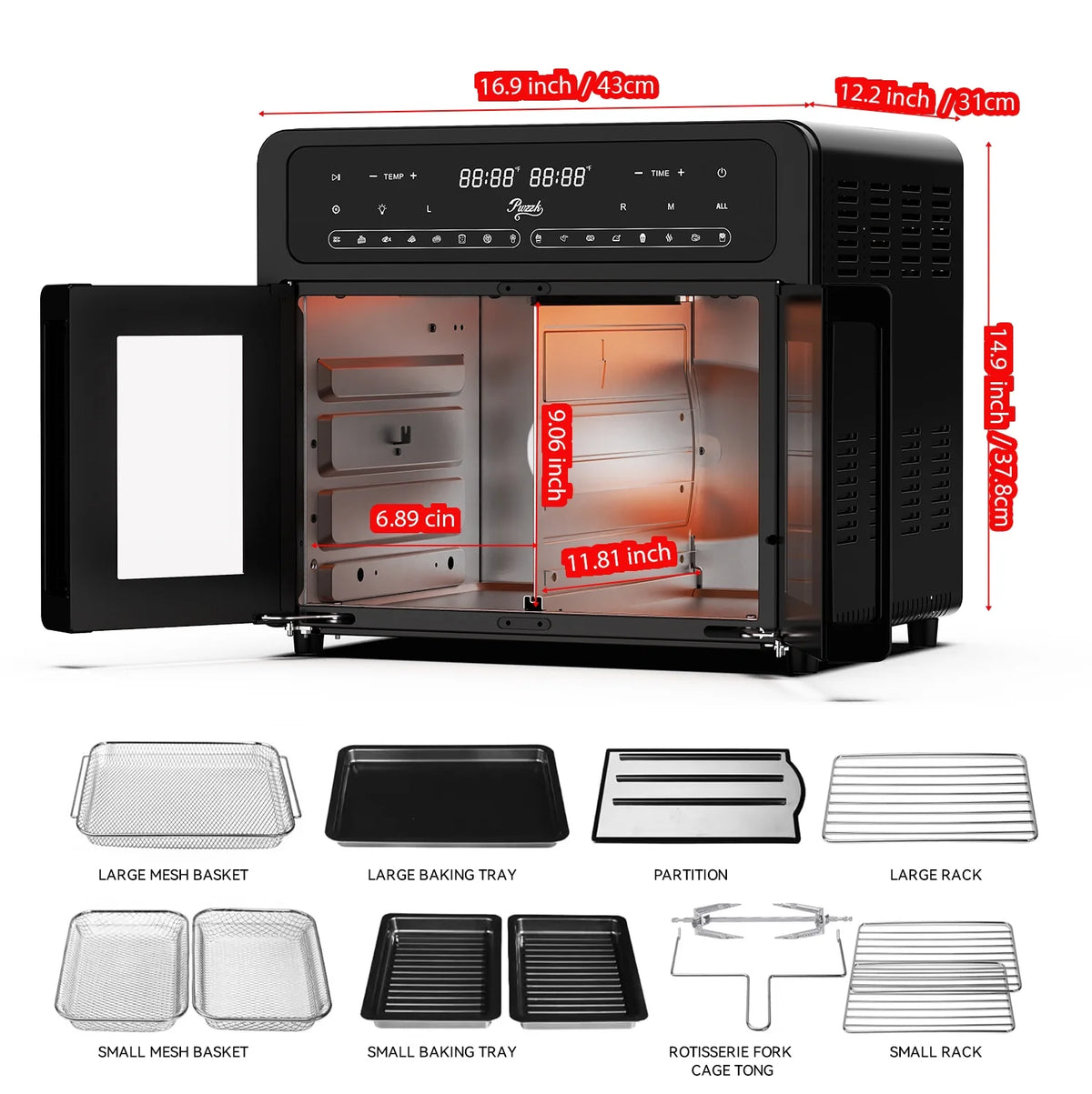 PwZzk 25.4QT Dual Zone Air Fryer Toaster Oven Combo, French Glass Door, XL Capacity, 100-430��F Temperature Range, 16 Preset Functions, LED Display, Dual Fan, 360�� Heat Circulation, Rotisserie, Bake,