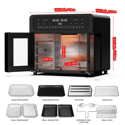 PwZzk 25.4QT Dual Zone Air Fryer Toaster Oven Combo, French Glass Door, XL Capacity, 100-430��F Temperature Range, 16 Preset Functions, LED Display, Dual Fan, 360�� Heat Circulation, Rotisserie, Bake,