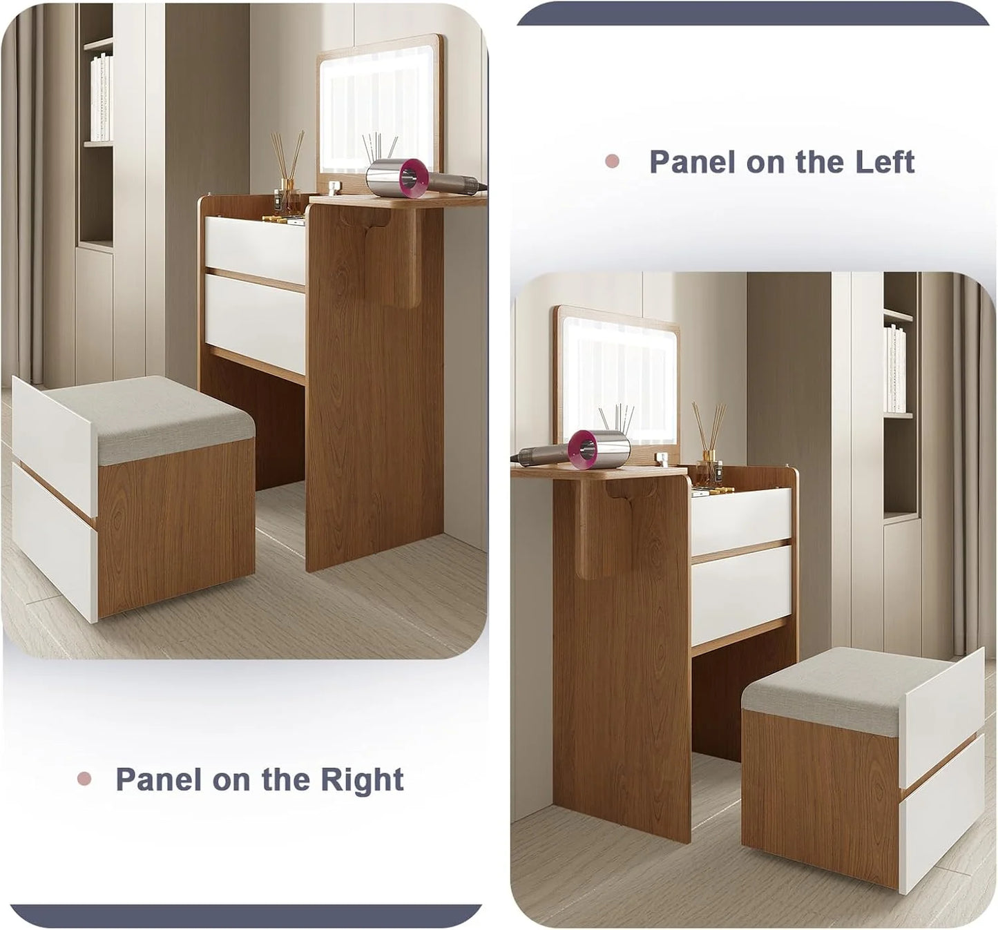 Vanity Desk with Flip Top Lighted Mirror, Compact Makeup Table with Storage Stool, Integrated Vanity with Drawers, 3-in-1 Vanity Set, Small Dressing Desk for Bedroom