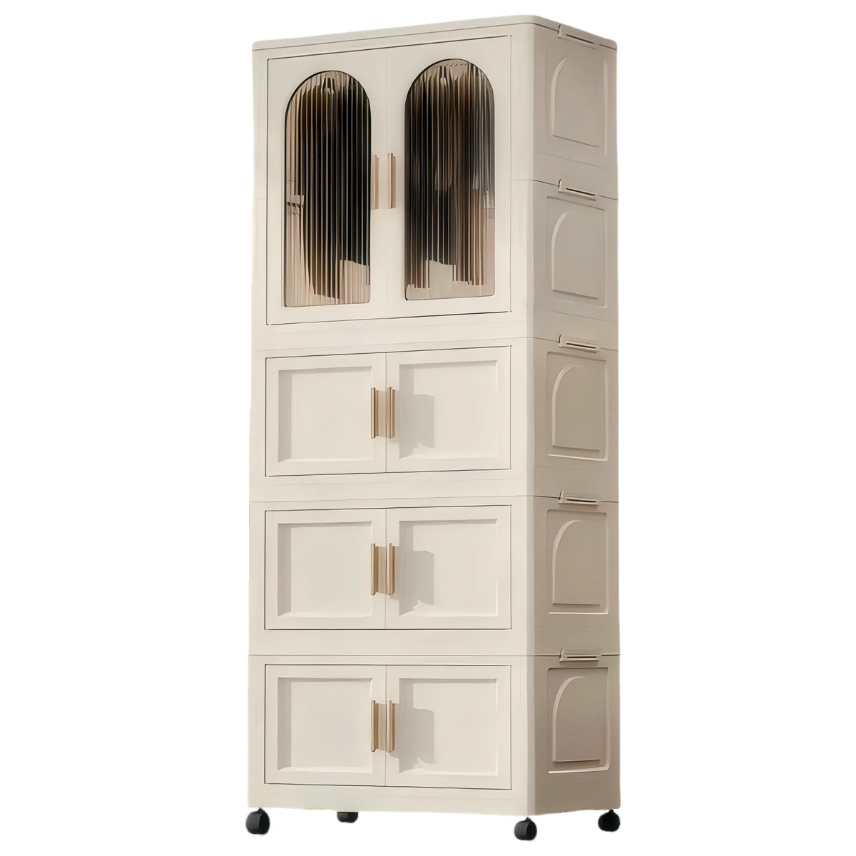 PORKISS Portable Wardrobe Closet, Folding Bedroom Armoire with Wheels, Plastic Storage Basket Can be Freely Combined (1 Layer of Wardrobe + 2 Layers of Folding Boxes+10 Hangers), Cream White-57.09"H