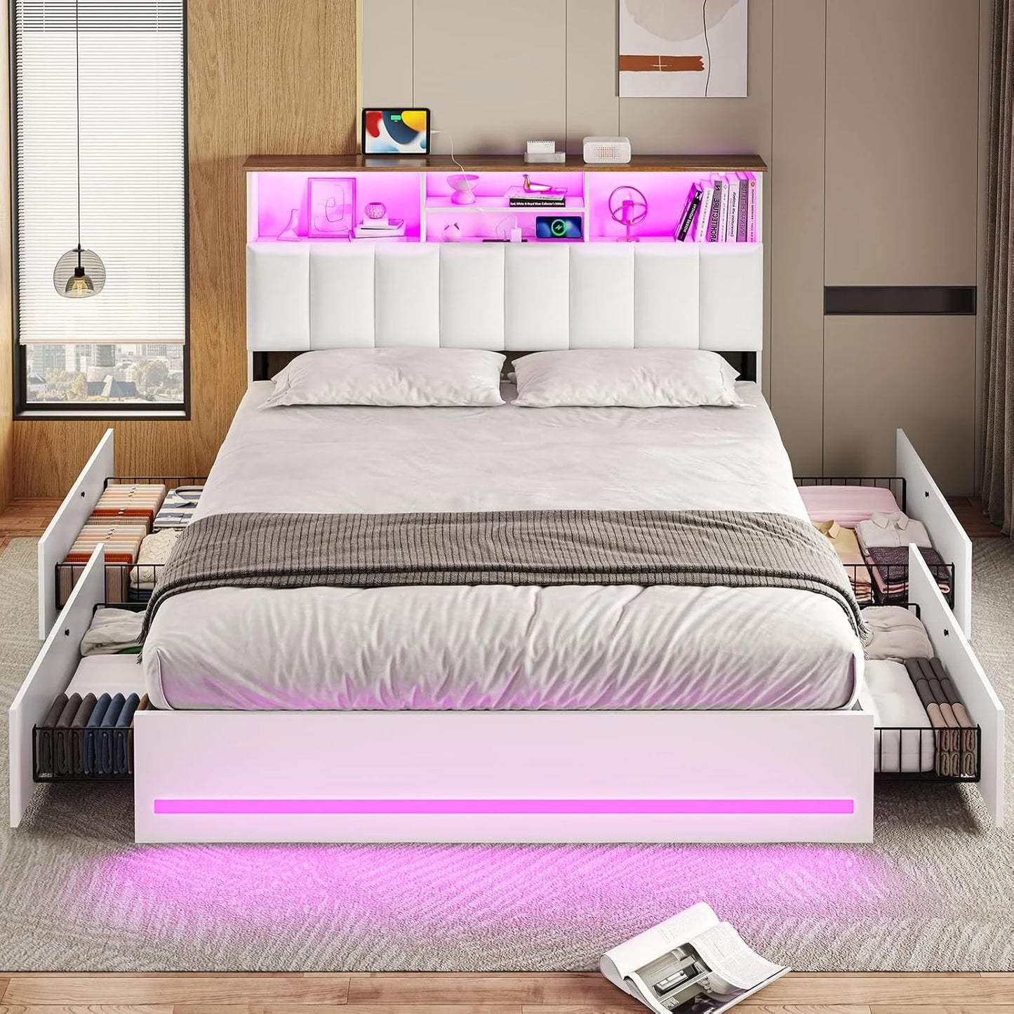 AOGLLATI Upholstered Platform Twin Bed with 4 Storage Drawers & Charging Station & LED Lights, Black