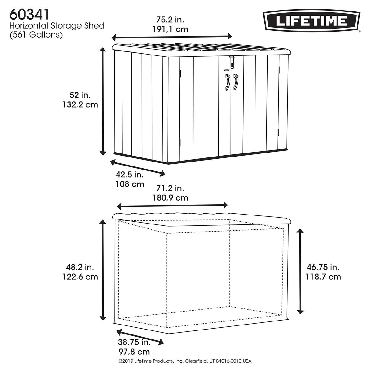 Lifetime Lockable DIY Polyethylene Horizontal Storage Shed, 75 cubic ft., Light Brown (60341)