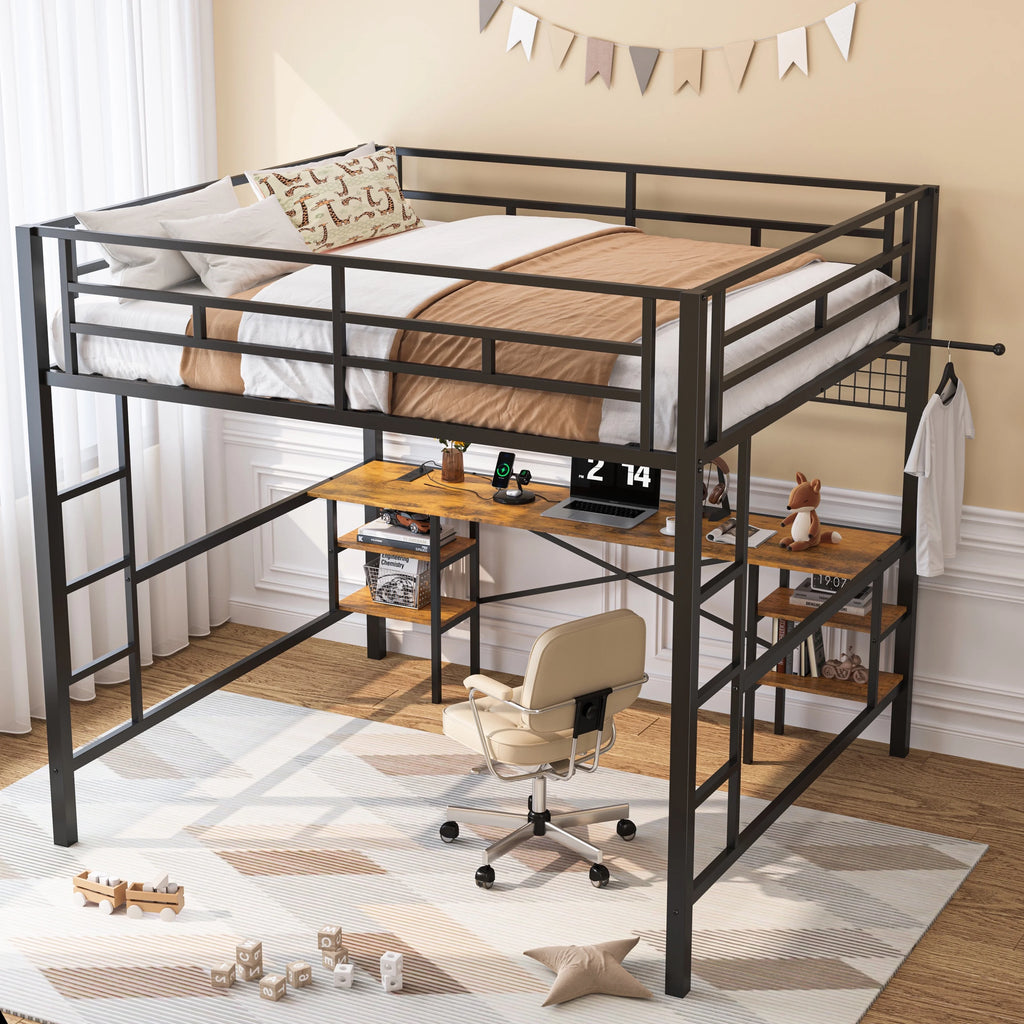 Twin Loft Bed with Desk, UHOMEPRO Metal Loft Bed with LED Lights, Charge Station, DIY Mesh, Clothes Rail, 4 Storage Shelves, Safety Rails and 2 Ladders, Loft Bed for Teen Adult, Black
