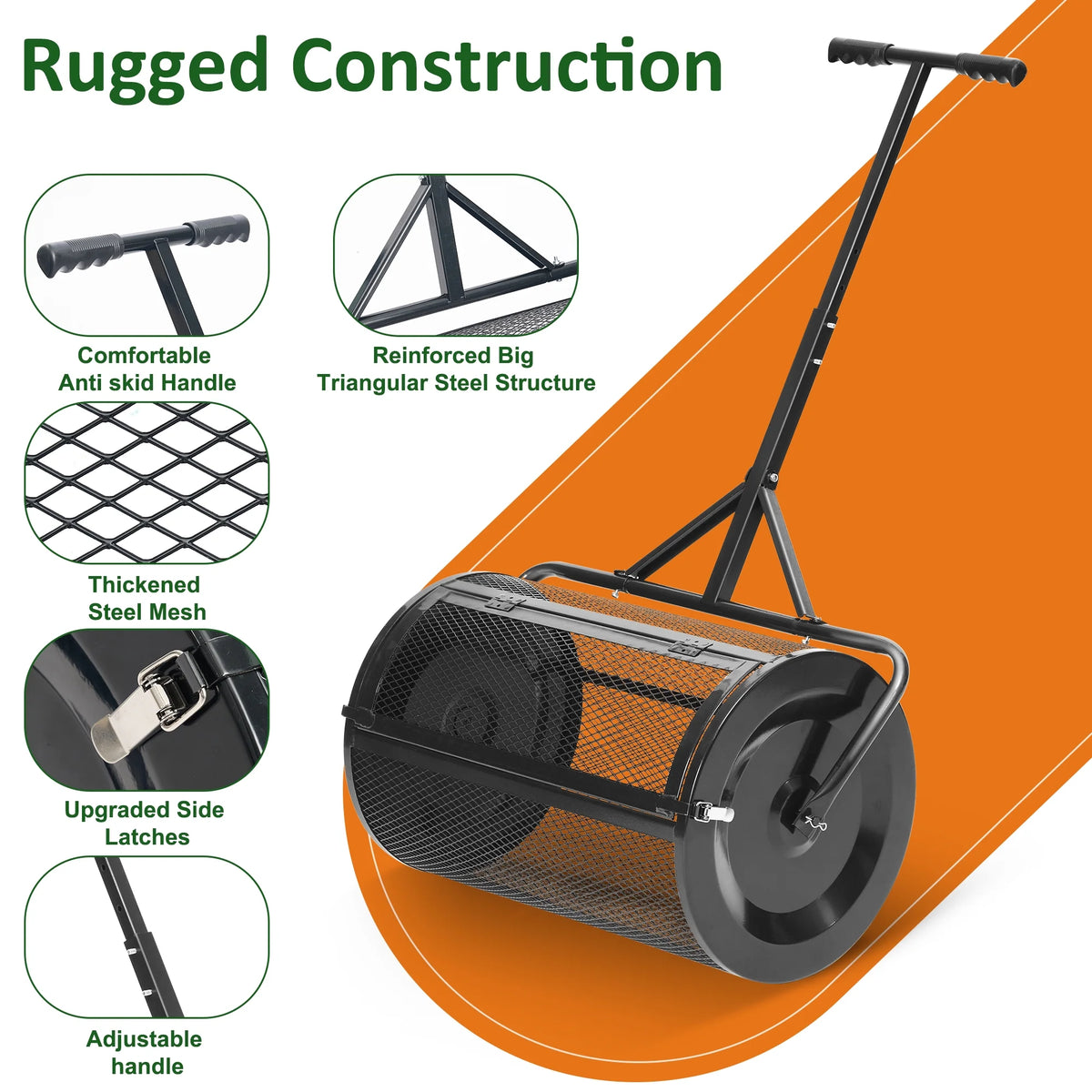 MUCHANT 24" Compost Spreader, Heavy-Duty Metal Mesh Spreader with Adjustable Handle for Lawn, Green