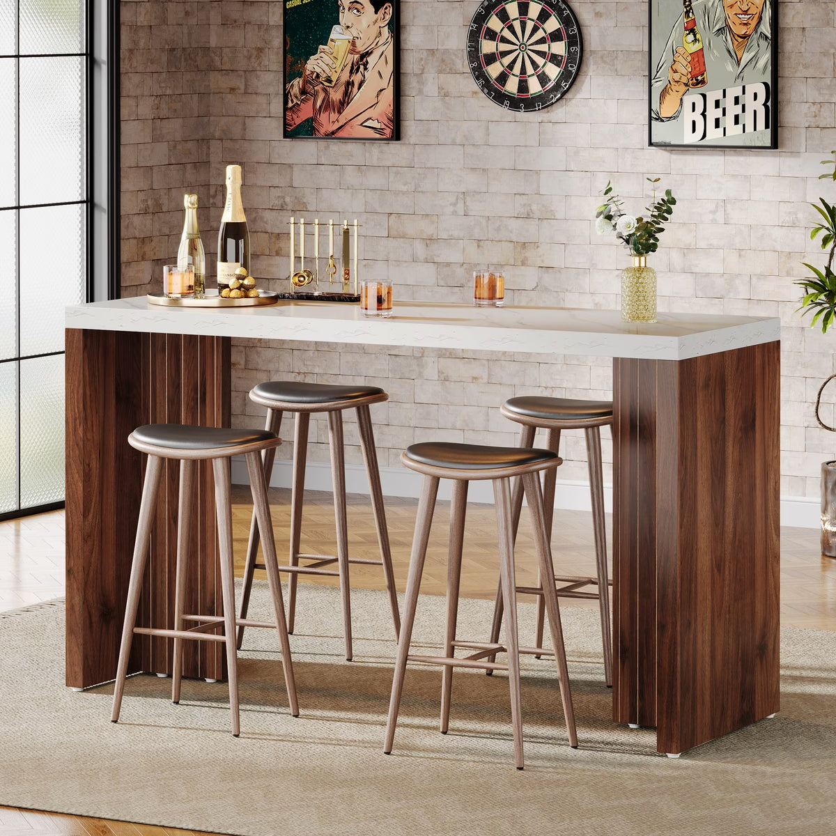 Tribesigns 55.12-Inch Bar Table, Home Bar Unit with a Faux Marble Finished Tabletop, Modern Freestanding Mini Bar for Home Kitchen, Living Room, Balcony, Basement, Walnut & White