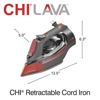 CHI Lava Clothing Iron, Steam Iron for Clothes with Lava Ceramic Soleplate & Retractable Cord, Black