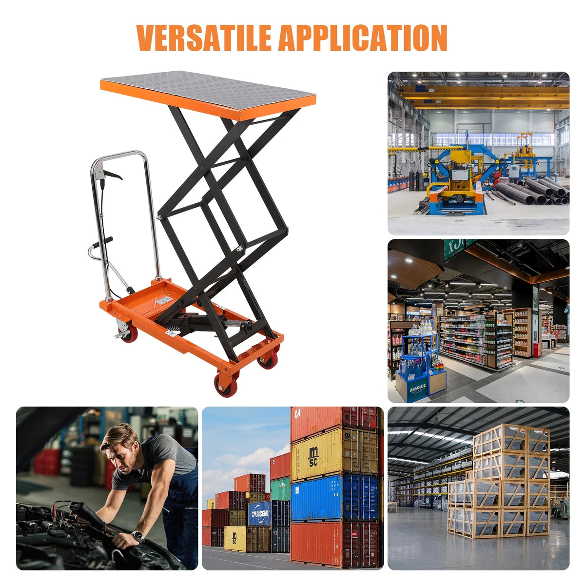 Hydraulic Lift Table Cart - 770 lbs Capacity, Adjustable Up to 59" Lifting Height, Manual Double Scissor Lift Table with 4 Wheels & 3mm Non-Slip Pads for Safe Material Handling & Transport, Orange