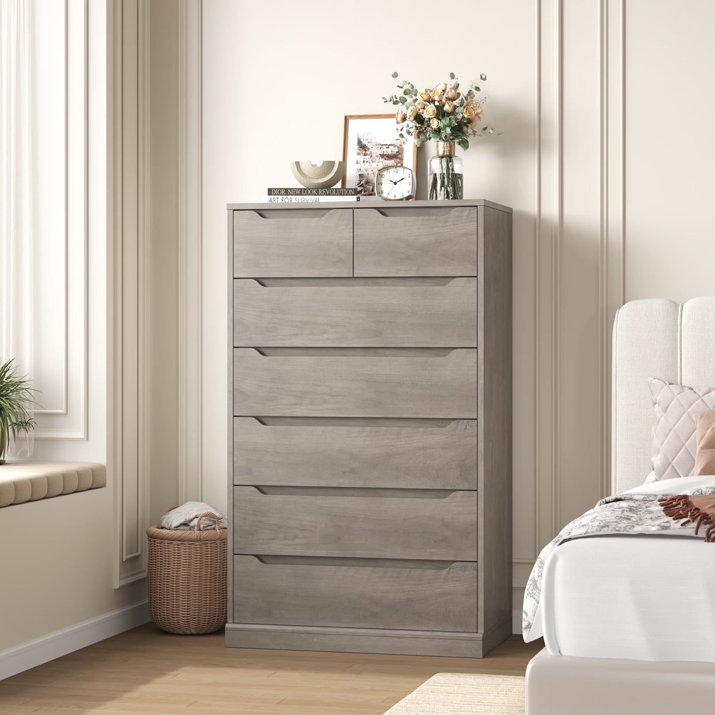 Homfa 7 Drawer White Dresser, 51.3"H Wood Storage Cabinet with Upgraded Stable Base, Vertical Chest for Bedroom Living Room