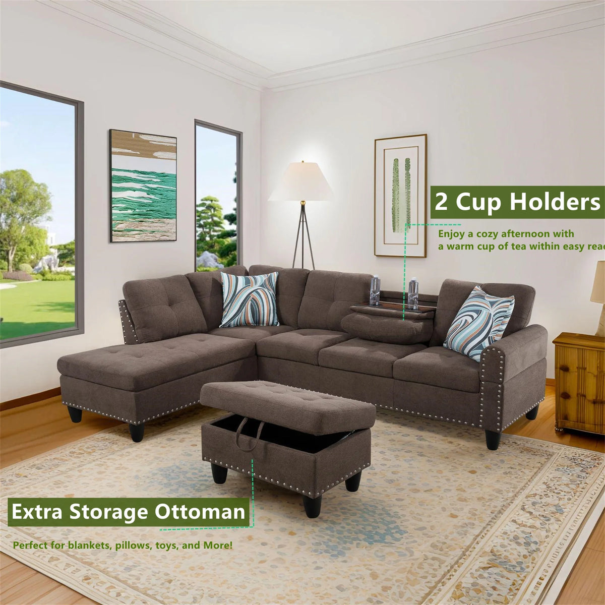 Aukfa 3 Piece Sectional Sofa, Living Room Couch with Storage Ottoman&Cup Holder, Linen, Right Hand, Purple