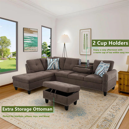 Aukfa 3 Piece Sectional Sofa, Living Room Couch with Storage Ottoman&Cup Holder, Linen, Right Hand, Purple