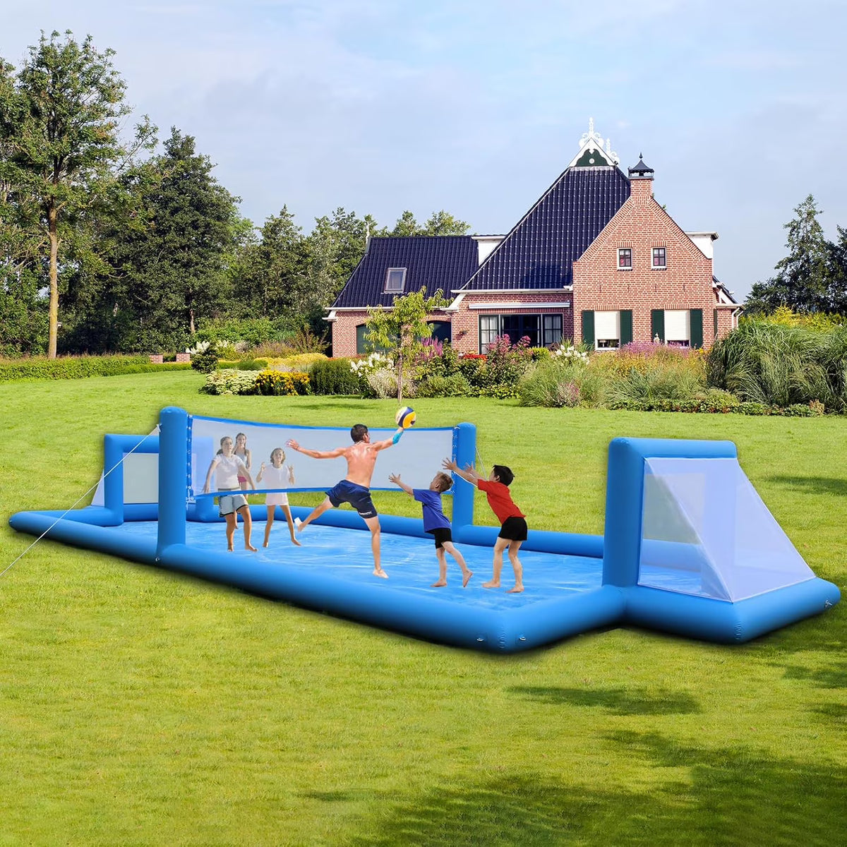 33FT Inflatable Volleyball Court Beach Pool Volleyball Net for Backyard Outdoor Training Game with 800W Air Pump, Volleyball Pool/Water Volleyball Field