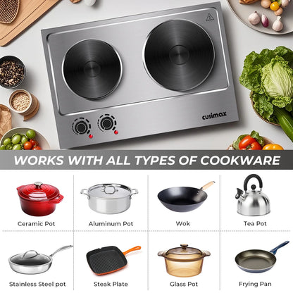 CUSIMAX 1800W Portable Double Burner Hot Plate �?Stainless Steel Countertop Electric Cooktop with Dual Cast Iron Heating Plates, Easy-to-Clean Silver Design, Upgraded Version