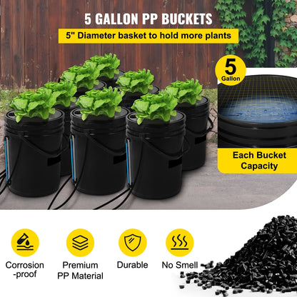 KFFKFF DWC Hydroponic System, 5 Gallon 8 Buckets, Deep Water Culture Growing Bucket, Hydroponics Grow Kit with Pump, Air Stone and Water Level Device, for Indoor/Outdoor Leafy Vegetables