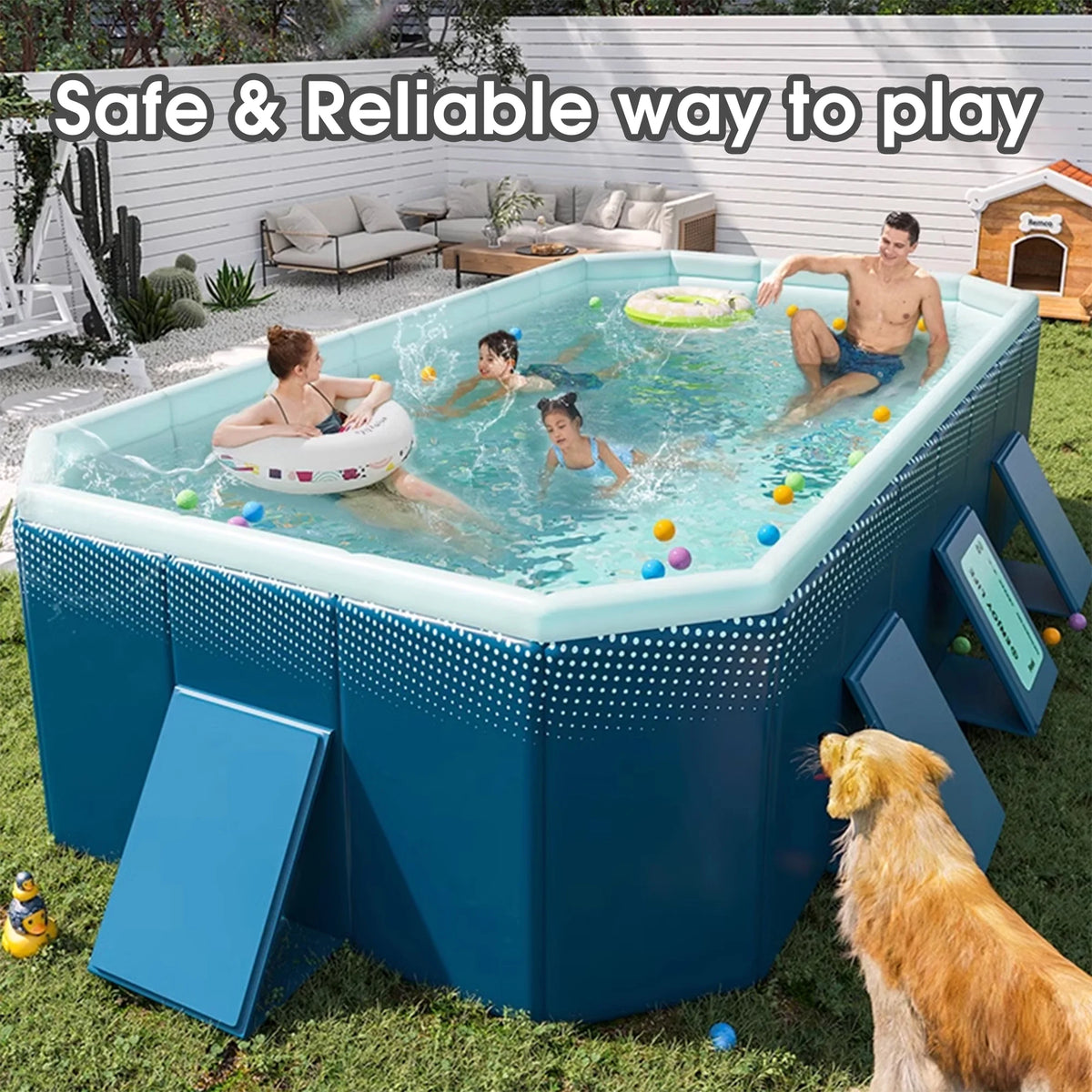 RICHYOUNG 101"Foldable Swimming Pool for 1-6 People,Non-Inflatable Above Ground Garden Pool for Kids, Family(Blue)