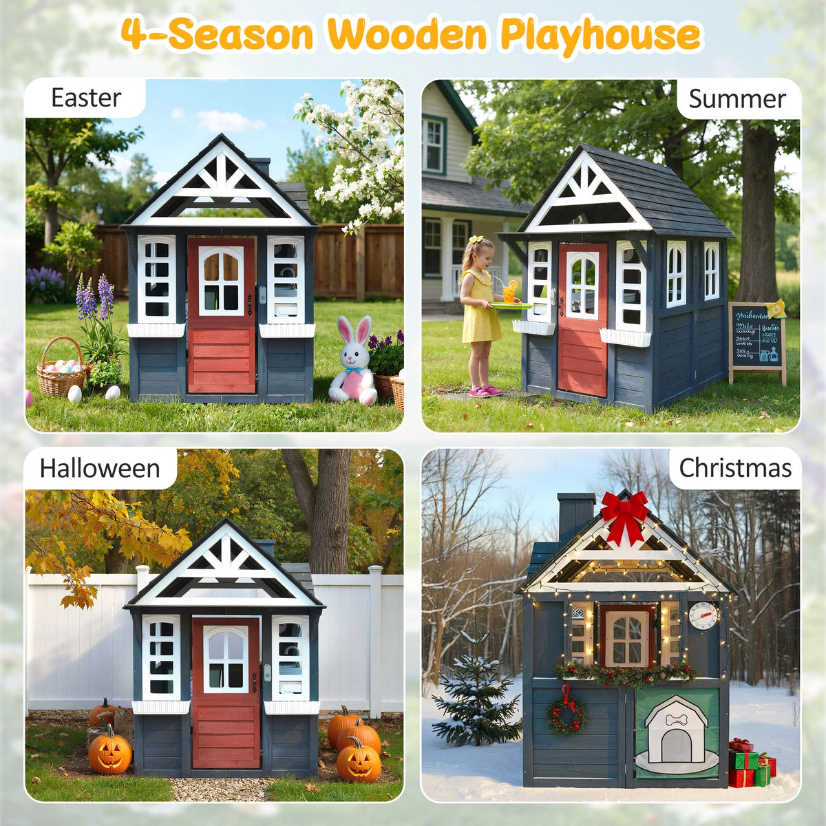 COCLUB Outdoor Playhouse for Kids Ages 4-8, Wooden Play House with Doorbell, Phone, Kitchen Toys, Outdoor Kids Play Equipment, Casa Para Ni?as (45��L x 65��H), White & Black