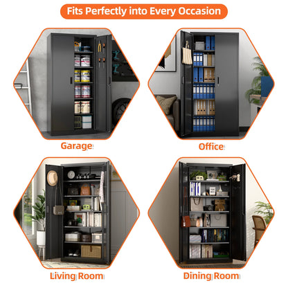 GANGMEI 72 Inches Tall Metal Garage Storage Cabinets with 5 Adjustable Shelves, Lockable Steel Black Storage Cabinet with Doors for Office, Home, School, Shops, Garage, Assembly required