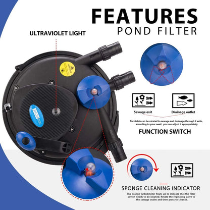 SPECSTAR Pressurized Biological Pond Filter with 13-watt Light, 1580 GPH Suitable for Koi Ponds up to 800 Gallons or Ornamental Ponds up to 1600 Gallons