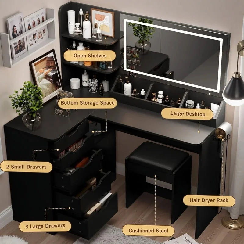 Furmax L Shaped Vanity Desk Set Corner Makeup Vanity Set with Adjustable LED Lighted Mirror & Power Outlets Dressing Table with Organizers, and Cushioned Stool, White
