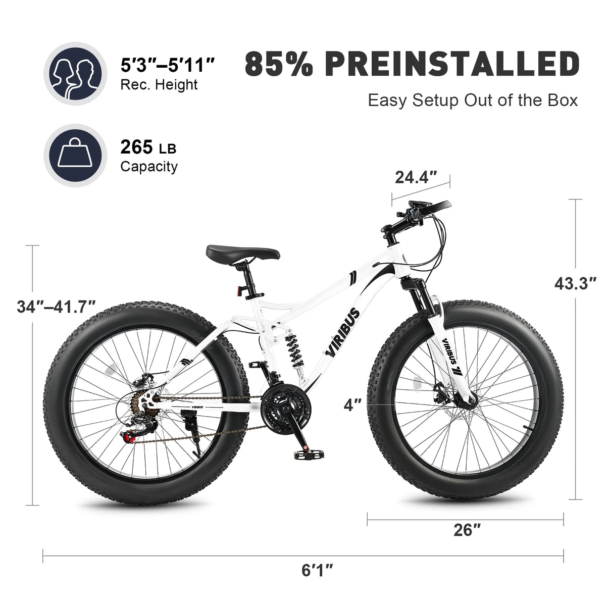 VIRIBUS 26" Fat Tire Mountain Bike Full Suspension Bike with 21 Speeds Disc Brakes White