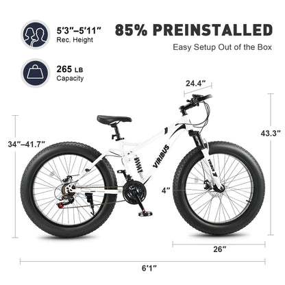 VIRIBUS 26" Fat Tire Mountain Bike Full Suspension Bike with 21 Speeds Disc Brakes White