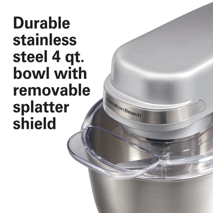 Hamilton Beach 4 Quart Stand Mixer for Kitchen, 7 Speeds, Tilt-Head, Dough Hook, Whisk & Flat Beater, White