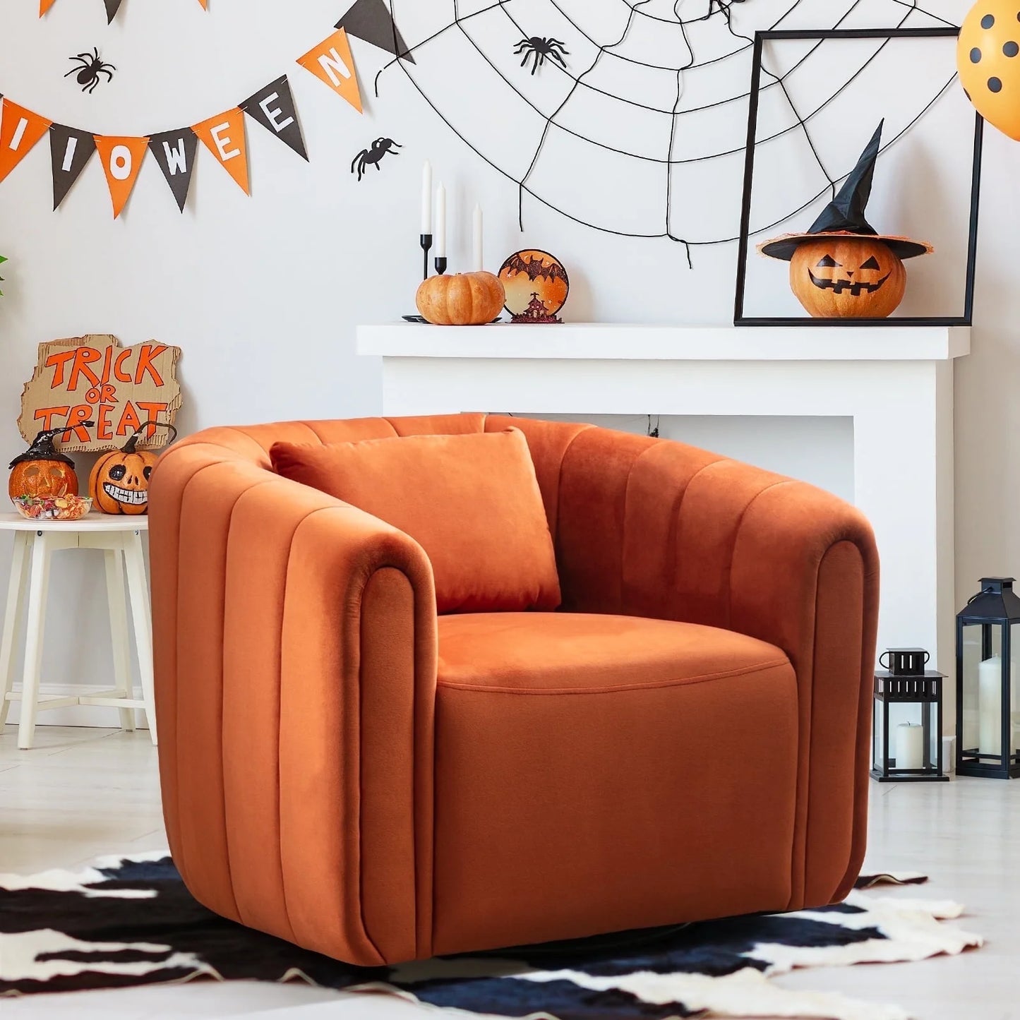 Bonzy Home Swivel Chair with Plump Pillow, Modern Velvet Accent Chair for Living Room Bedroom , Comfy Round Armchair, Orange