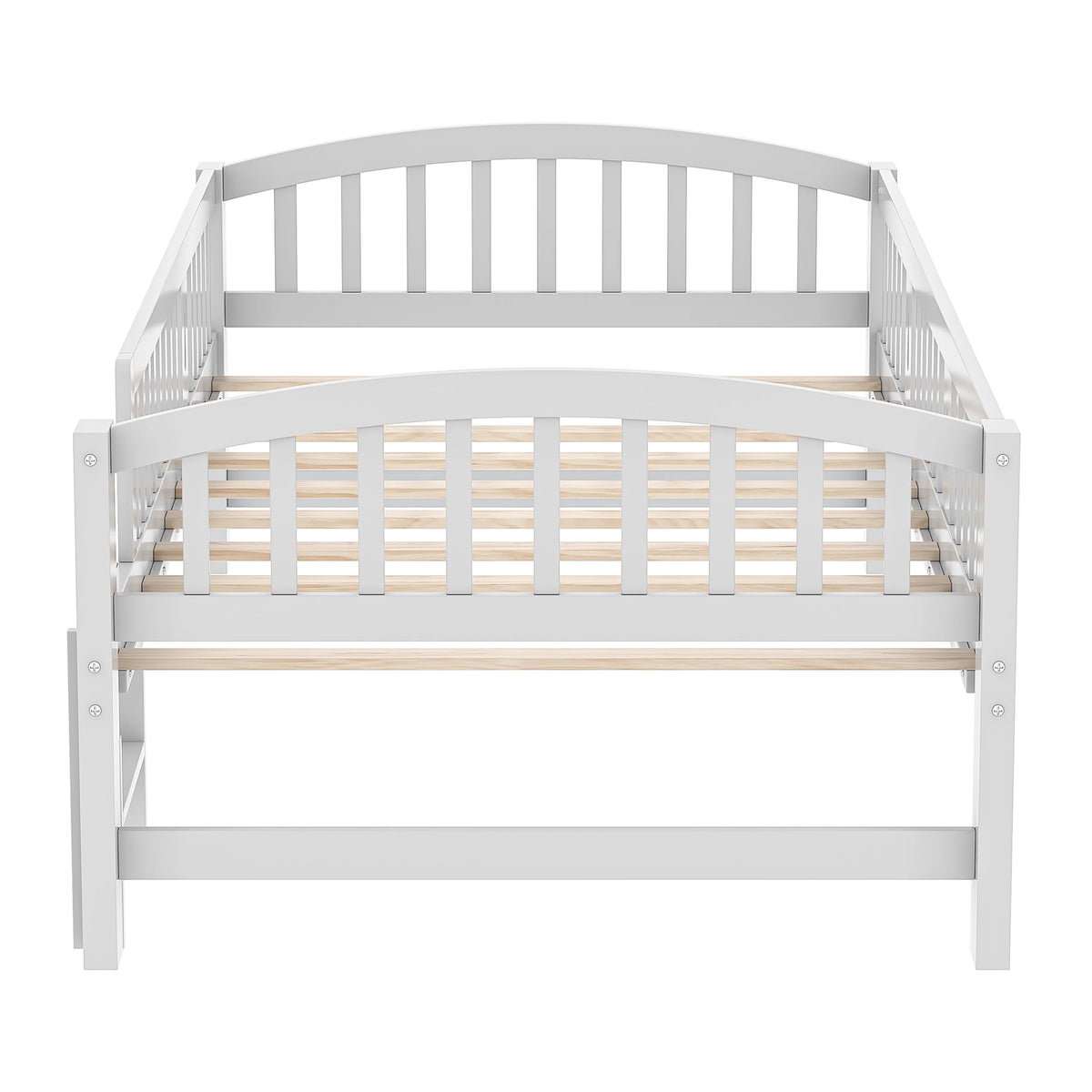 SESSLIFE Twin Size Platform Bed, Solid Wood Twin Bed Frame with Slats, Fence Guardrail Ladder, Twin Floor Bed with Strong Legs for Boys Girls, No Box Spring Needed, Holds 400 lbs, White