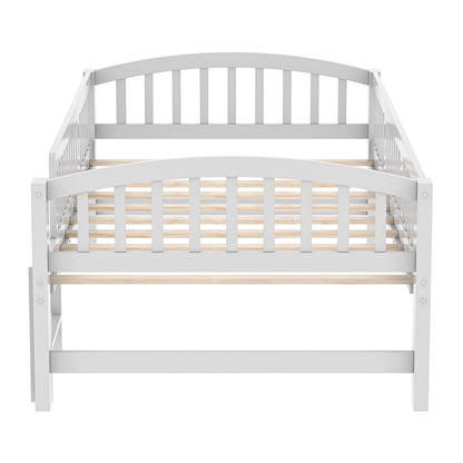 SESSLIFE Twin Size Platform Bed, Solid Wood Twin Bed Frame with Slats, Fence Guardrail Ladder, Twin Floor Bed with Strong Legs for Boys Girls, No Box Spring Needed, Holds 400 lbs, White