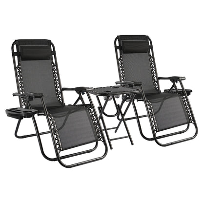 Vineego 3 Pieces Zero Gravity Chair Patio Foldable Chaise Lounge Chairs 2 Beach Chairs and Table with Cup Holders,Beige