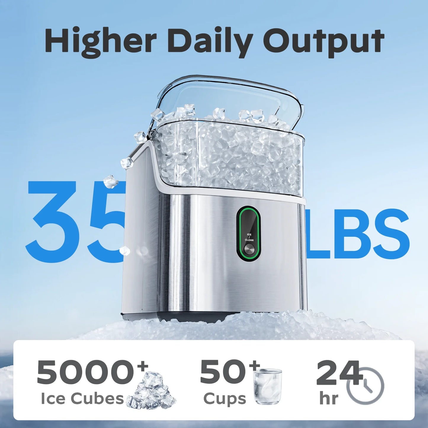 Philergo Nugget Ice Maker Countertop, Pebble Ice Maker Machine with Self-Cleaning, 35lbs/24hr, Soft Chewable Pellet Ice Maker for Home, Kitchen, Stainless Steel