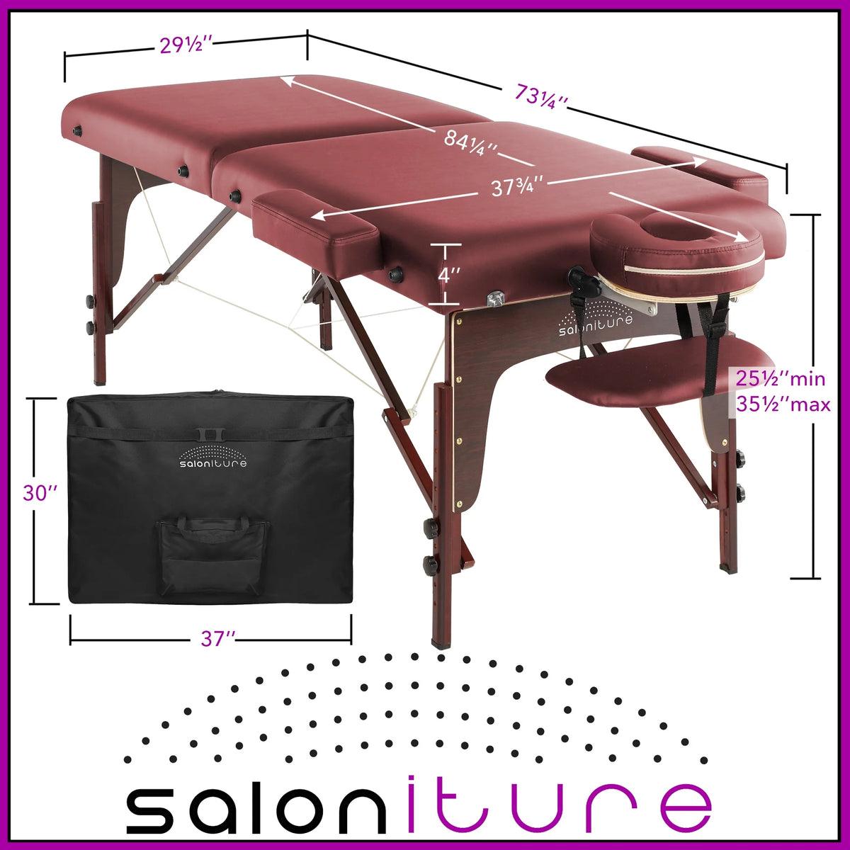 Saloniture Professional Portable Lightweight Bi-Fold Memory Foam Massage Table with Reiki Panels  - Includes Headrest, Face Cradle, Armrests and Carrying Case - Burgundy