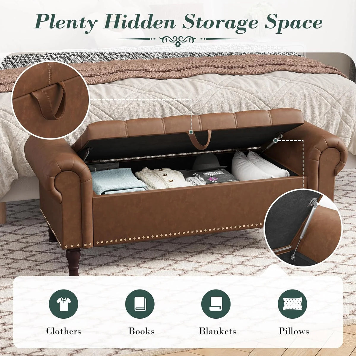 YOUDENOVA Storage Ottoman Bench for Bedroom 51" Queen Leather Storage Bench with Button, Upholstered Bedroom Bench with Rolled Arms for Living Room, Storage Room, Entryway, Gray