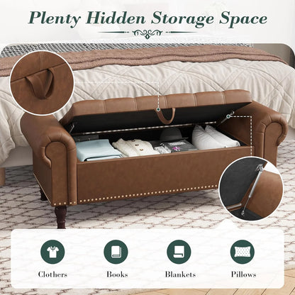 YOUDENOVA Storage Ottoman Bench for Bedroom 51" Queen Leather Storage Bench with Button, Upholstered Bedroom Bench with Rolled Arms for Living Room, Storage Room, Entryway, Gray
