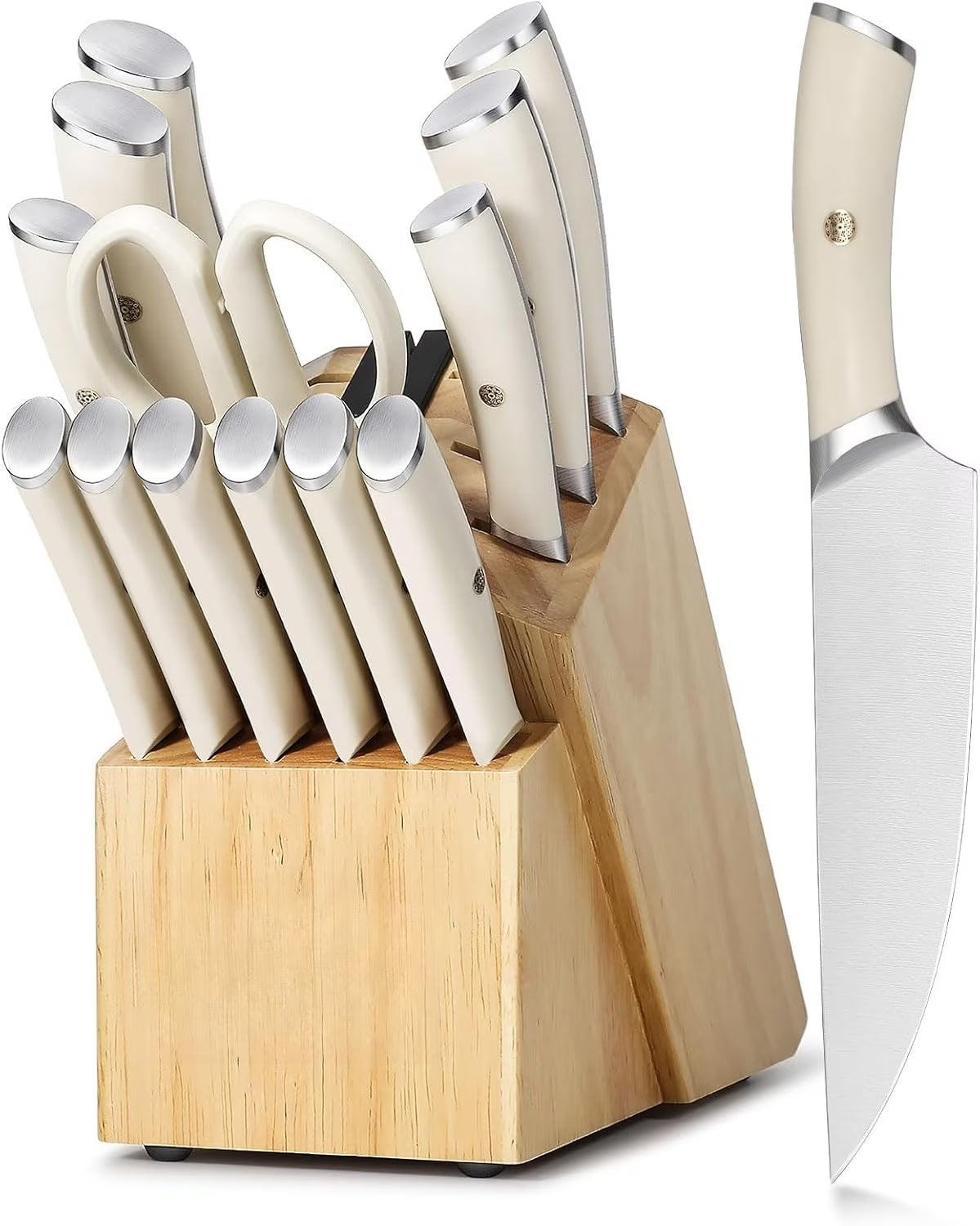 Ivory Knife Block Set (15-PCS) �C High Carbon Stainless Steel, Built-in Sharpener, Forged Chef Blades
