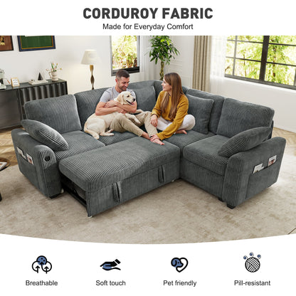 BedLuxury 83" Sectional Sleeper Sofa with Pull Out Bed, L Shaped Couch with Storage Seat for Living Room, Gray