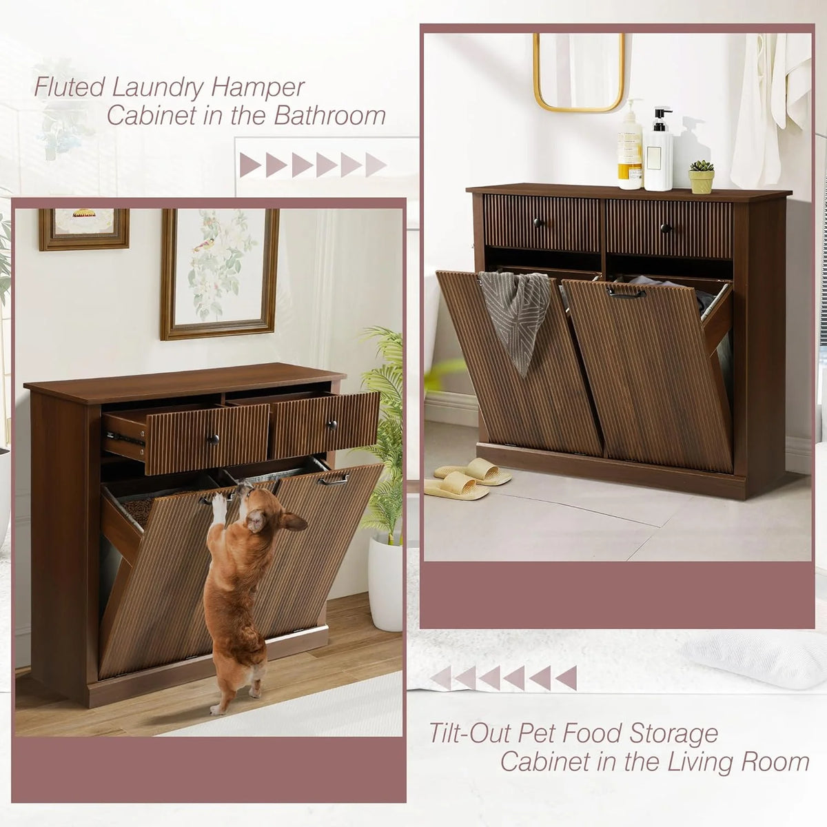 Haverchair Double Tilt Out Laundry Hamper Cabinet, Modern Fluted Trash Can Cabinets with Drawer, Wooden Hidden Garbage Cabinet for Kitchen and Bathroom
