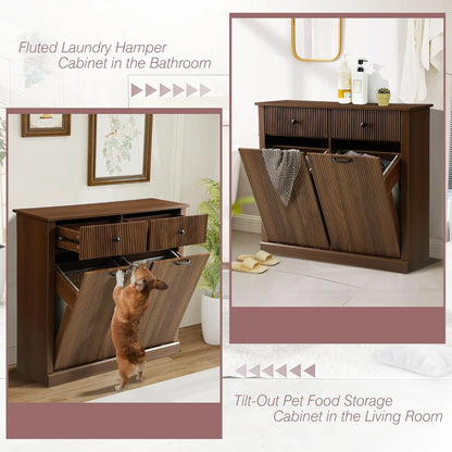 Haverchair Double Tilt Out Laundry Hamper Cabinet, Modern Fluted Trash Can Cabinets with Drawer, Wooden Hidden Garbage Cabinet for Kitchen and Bathroom
