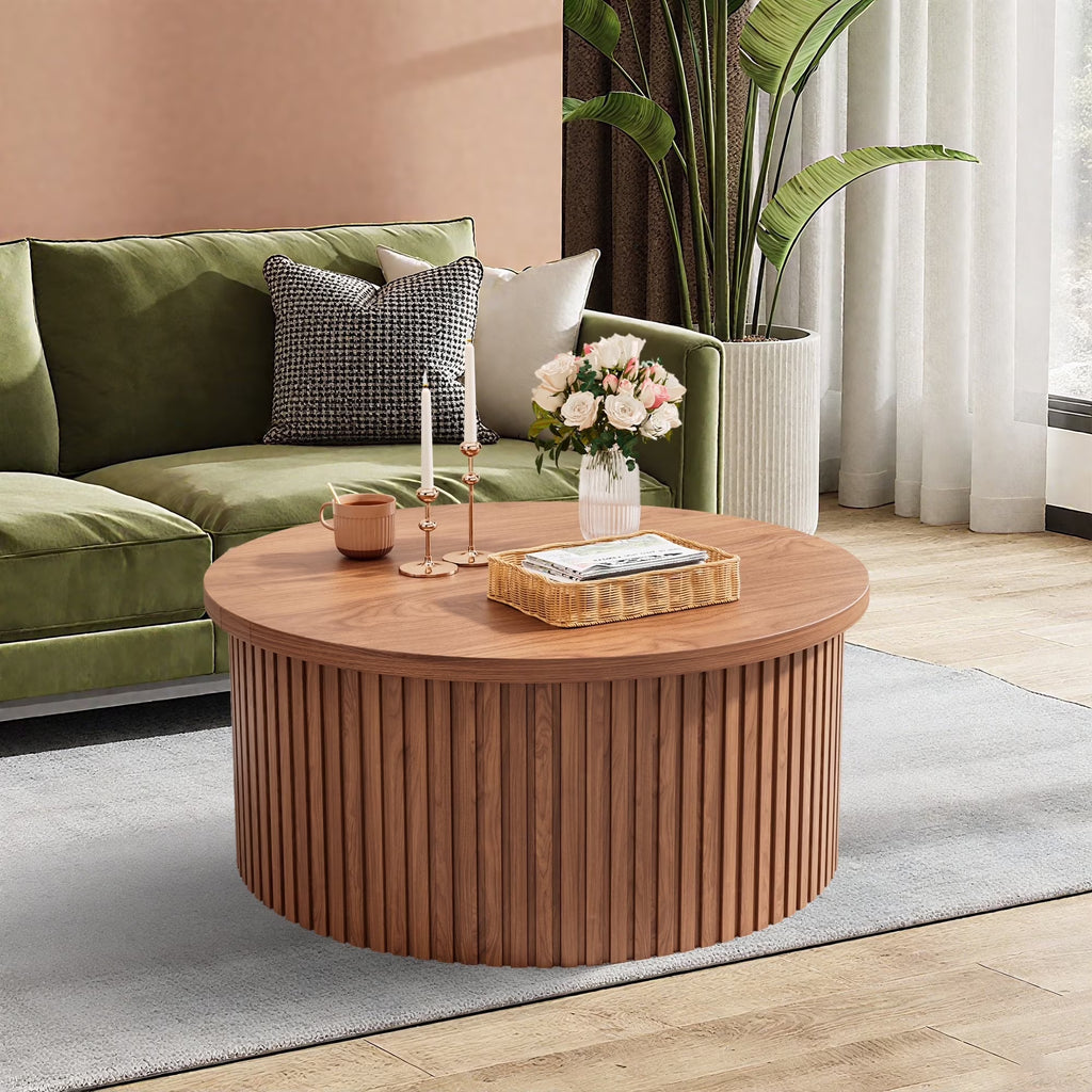Oubayajia Round Coffee Table with Storage, Wood Lift Top Coffee Table, Waveform Panel, Natural