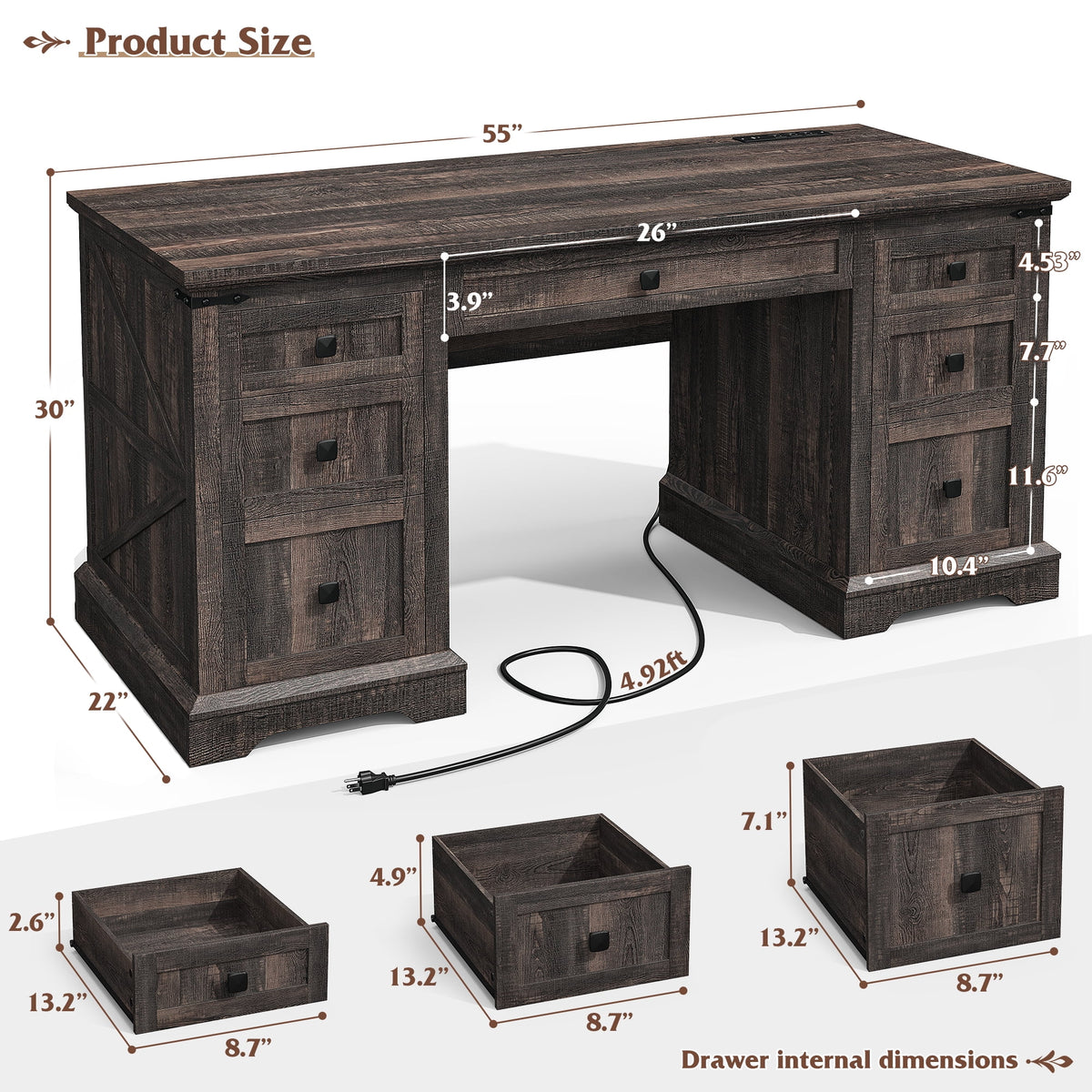 EnHomee Farmhouse Desk with Drawers, Wood Home Office Desk with Charging Station, Antique White