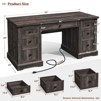 EnHomee Farmhouse Desk with Drawers, Wood Home Office Desk with Charging Station, Antique White