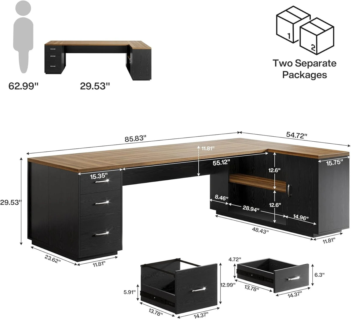 Tribesigns 85.8" L-Shaped Executive Desk, Extra Large Office Desk with File Drawers, Modern Business Furniture with Door Cabinet, Shelves for Home Office, White & Brown