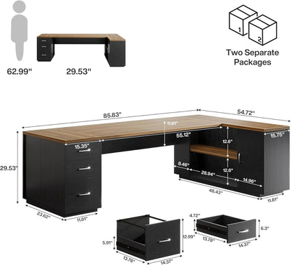 Tribesigns 85.8" L-Shaped Executive Desk, Extra Large Office Desk with File Drawers, Modern Business Furniture with Door Cabinet, Shelves for Home Office, White & Brown