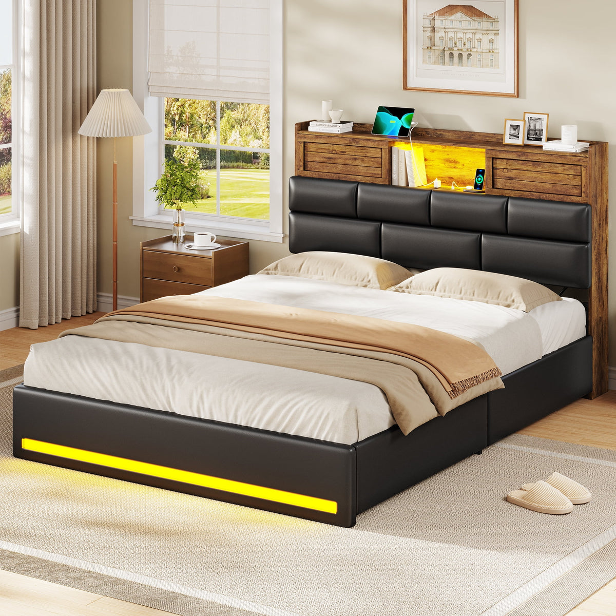 Twin Bed Frame with Bookcase Headboard and Storage, Barn Doors Twin Size Upholstered Beds with 4 Under Bed Storage Drawers & Charging Station & LED Lights, Grey