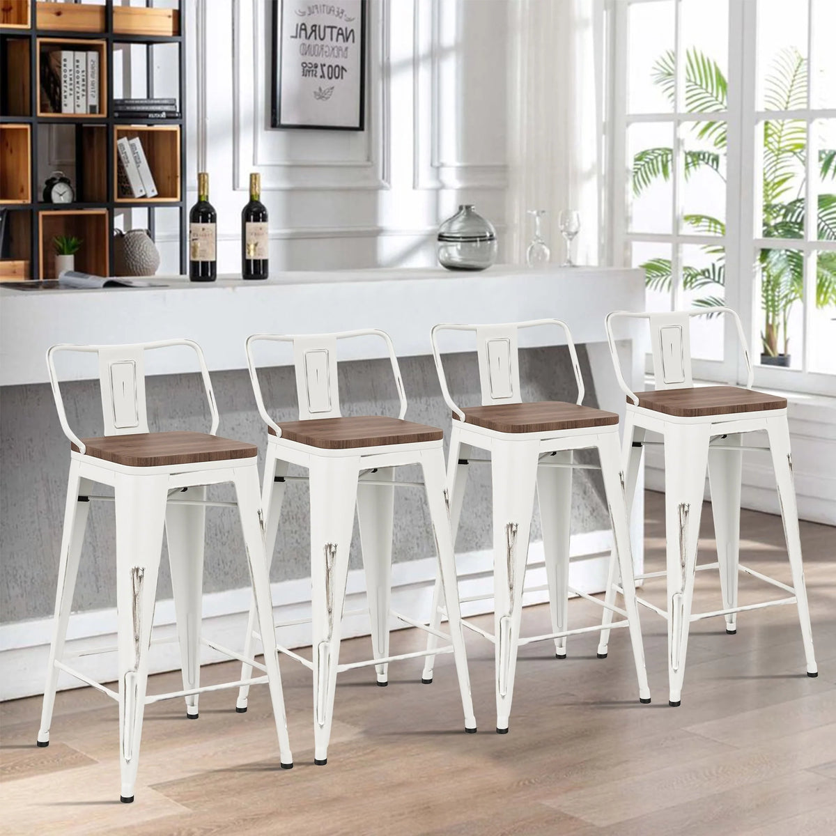 Andeworld Bar Stools Set of 4 Counter Height Stools Industrial Metal Barstools with Wooden Seats( 24 Inch, Distressed White )